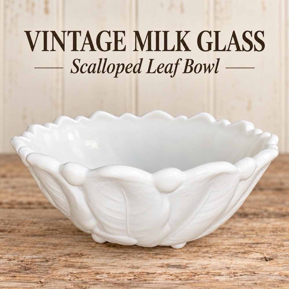 Vintage White Milk Glass Footed Bowl 9” Wild Rose Leaf Scalloped Cottage Decor